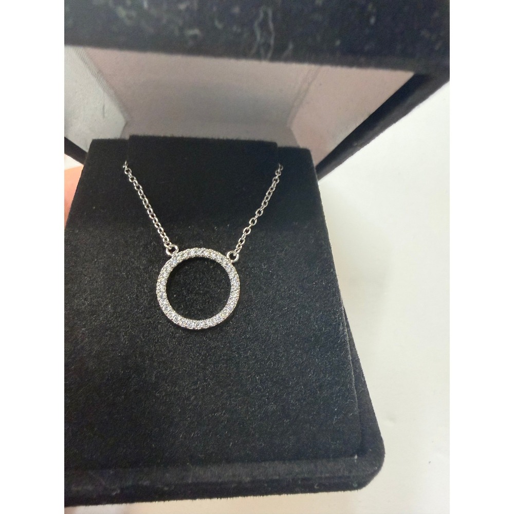 Sterling Silver 925 Open Circle Cubic Zirconia Pendant Necklace 18 Inch Chain